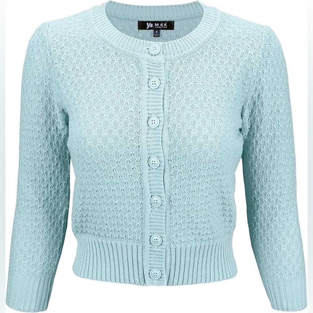 YEMAK Vintage-Style Cropped Crew Neck Knit Cardigan in Light Blue NWT 1X